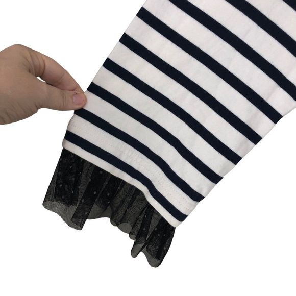 J. Crew Black & White Striped Popover Blouse w/Sheer Blk Lace Cuffs, frilly XXL - Picture 6 of 7